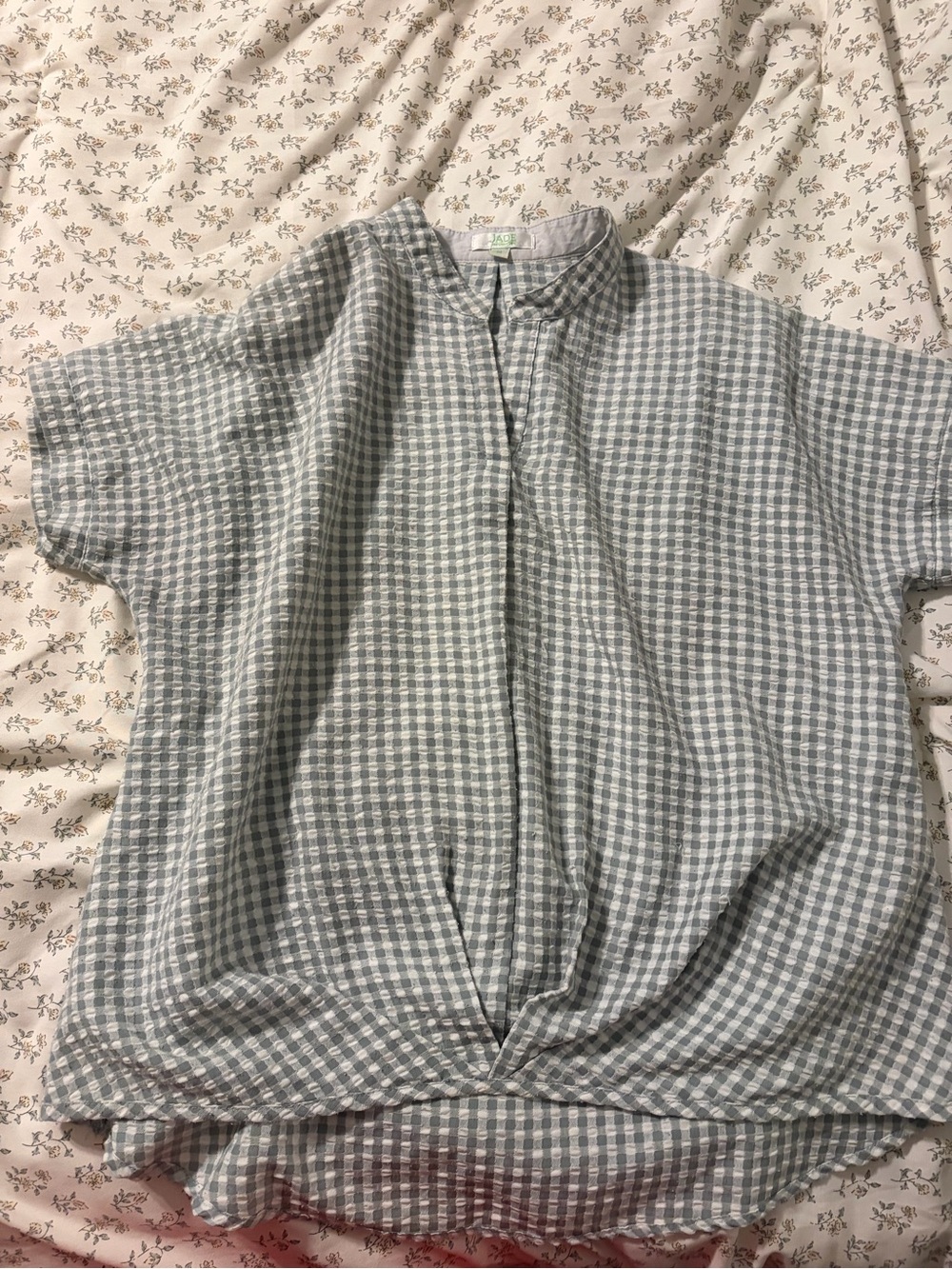 Jade Gray and White Gingham Button-Front Blouse